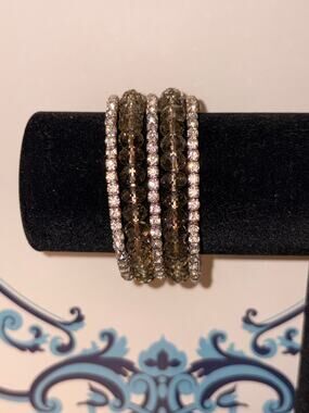 Smokey Quartz Crystal & Rhinestone Coil Wrap Bracelet Multi Row Cuff